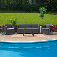 Flash Furniture DAD-SF-113T-DKGY-GG 4 Piece Outdoor Faux Rattan Chair, Sofa and Table Set in Dark Gray 